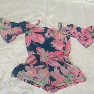 Lilly Pulitzer Navy Romper with Pink Floral Print